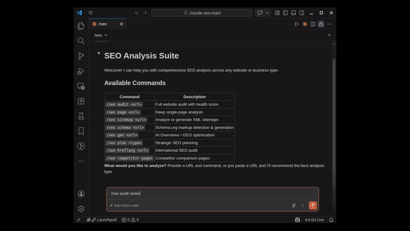 Claude SEO /seo audit demo: parallel subagents producing a prioritized action plan