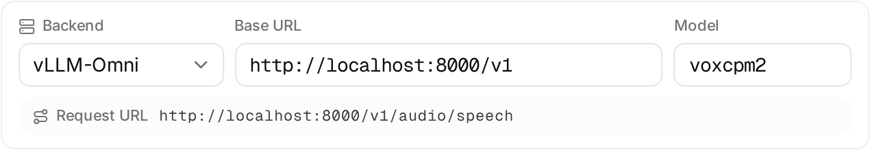 VoxCPM2 连接设置:后端选择、Base URL、模型名