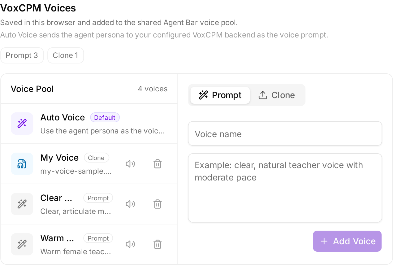 VoxCPM2 音色管理:Auto / Prompt / Clone 三种模式